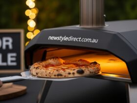 Portable pizza oven being used for home pizza making in an outdoor kitchen setting