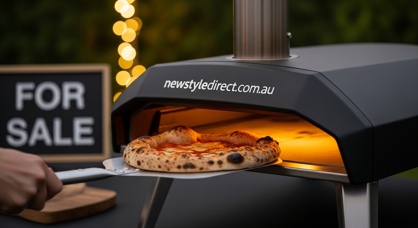 Portable pizza oven being used for home pizza making in an outdoor kitchen setting