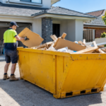 Skip bin filled with renovation waste in an Australian residential driveway