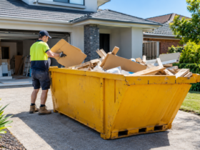 Skip bin filled with renovation waste in an Australian residential driveway