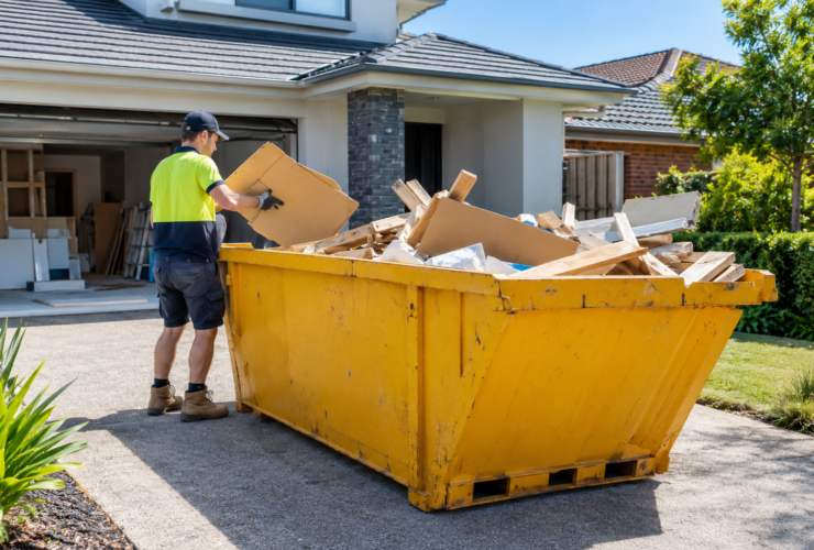 Skip bin filled with renovation waste in an Australian residential driveway