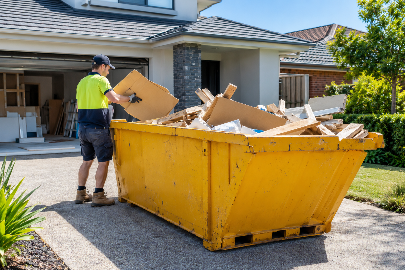 Skip bin filled with renovation waste in an Australian residential driveway